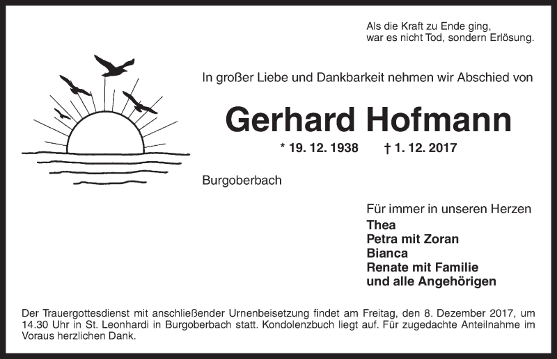 Traueranzeige für Gerhard Hofmann vom 06.12.2017 aus Ansbach