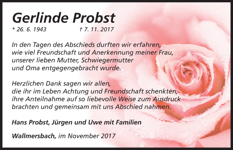  Traueranzeige für Gerlinde Probst vom 02.12.2017 aus Neustadt/ Scheinfeld/ Uffenheim