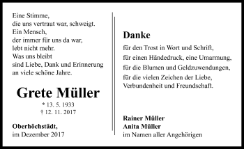 Traueranzeige von Grete Müller von Neustadt/ Scheinfeld/ Uffenheim