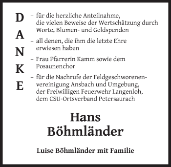 Traueranzeige von Hans Böhmländer von Ansbach