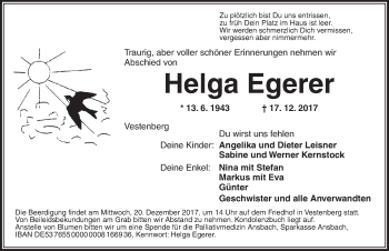 Traueranzeige von Helga Egerer von Ansbach