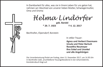 Traueranzeige von Helma Lindörfer von Dinkelsbühl/ Feuchtwangen