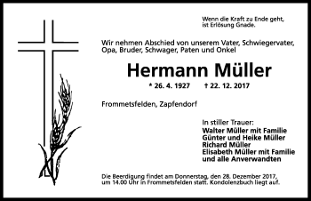 Traueranzeige von Hermann Müller von Rothenburg