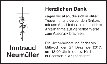 Traueranzeige von Irmtraud Neumüller von Ansbach