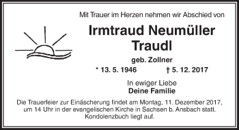 Traueranzeige von Irmtraud Neumüller von Ansbach