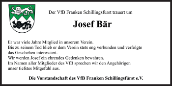 Traueranzeige von Josef Bär von Fränkische Landeszeitung