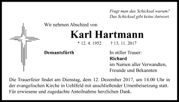 Traueranzeige von Karl Hartmann von Neustadt/ Scheinfeld/ Uffenheim