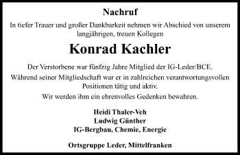 Traueranzeige von Konrad Kachler von Neustadt/ Scheinfeld/ Uffenheim