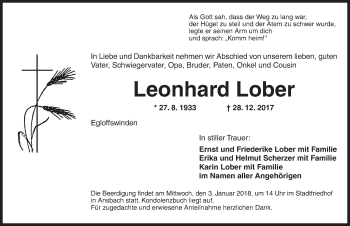 Traueranzeige von Leonhard Lober von Ansbach