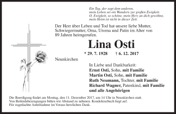 Traueranzeige von Lina Osti von Ansbach