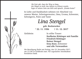 Traueranzeige von Lina Stengel von Dinkelsbühl/ Feuchtwangen