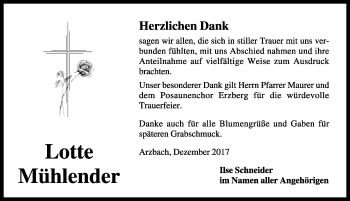 Traueranzeige von Lotte Mühlender von Dinkelsbuhl/ Feuchtwangen