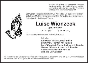 Traueranzeige von Luise Wionzeck von Ansbach