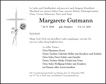 Traueranzeige von Margarete Gutmann von Ansbach