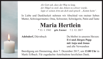 Traueranzeige von Maria Hertlein von Neustadt/ Scheinfeld/ Uffenheim