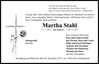 Traueranzeige von Martha Stahl von Neustadt/ Scheinfeld/ Uffenheim