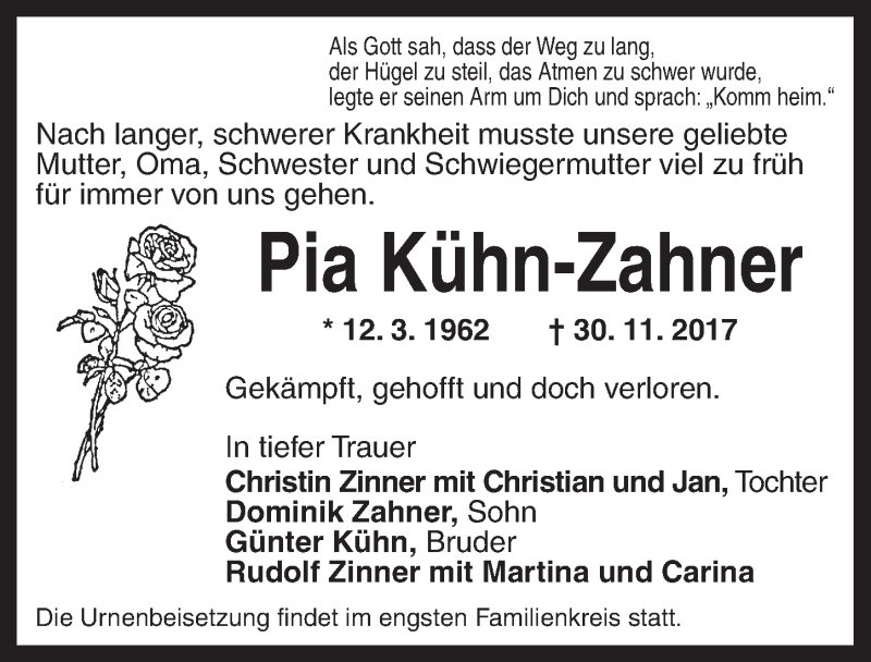  Traueranzeige für Pia Kühn-Zahner vom 02.12.2017 aus Ansbach