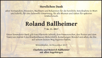 Traueranzeige von Roland Ballheimer von Dinkelsbuhl/ Feuchtwangen