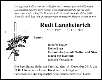 Traueranzeige von Rudi Langheinrich von Neustadt/ Scheinfeld/ Uffenheim