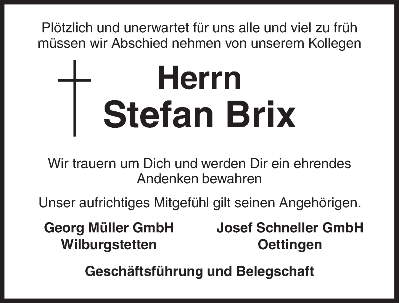  Traueranzeige für Stefan Brix vom 14.12.2017 aus Dinkelsbühl/ Feuchtwangen