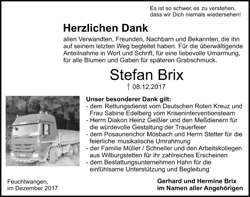  Traueranzeige für Stefan Brix vom 30.12.2017 aus Dinkelsbühl/ Feuchtwangen