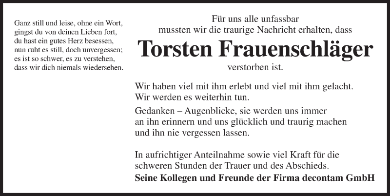  Traueranzeige für Torsten Frauenschläger vom 22.12.2017 aus Ansbach