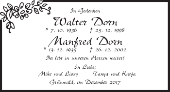 Traueranzeige von Walter und Manfred Dorn von Ansbach