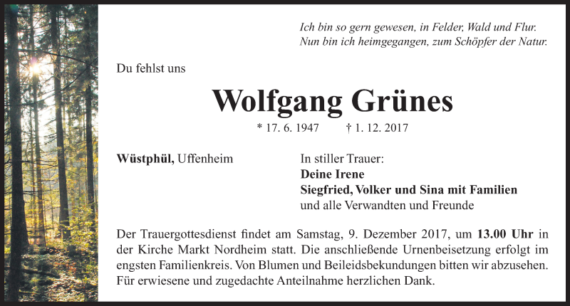  Traueranzeige für Wolfgang Grünes vom 06.12.2017 aus Neustadt/ Scheinfeld/ Uffenheim