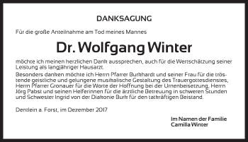 Traueranzeige von Wolfgang Winter von Dinkelsbühl/ Feuchtwangen