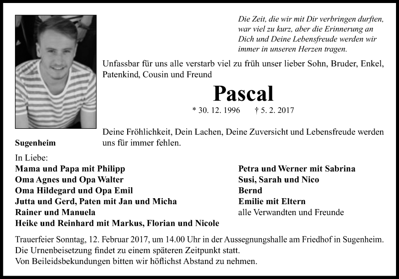  Traueranzeige für Pascal Klima vom 10.02.2017 aus Neustadt/ Scheinfeld/ Uffenheim