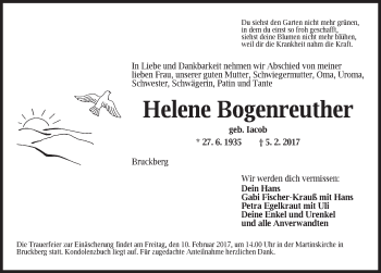 Traueranzeige von Helene Bogenreuther von Ansbach