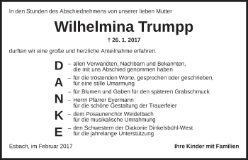 Traueranzeige von Wilhelmina Trumpp von Dinkelsbühl/ Feuchtwangen