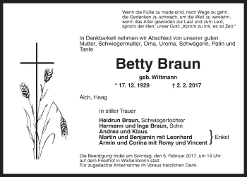 Traueranzeige von Betty Braun von Ansbach