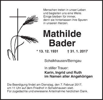 Traueranzeige von Mathilde Bader von Ansbach