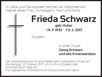 Traueranzeige von Frieda Schwarz von Ansbach