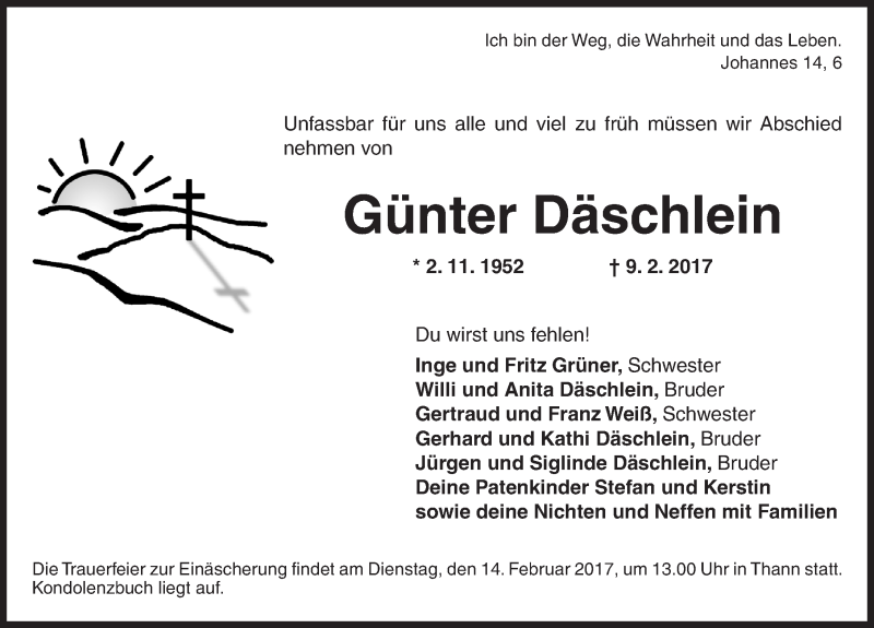  Traueranzeige für Günter Däschlein vom 11.02.2017 aus Ansbach