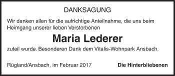 Traueranzeige von Maria Lederer von Ansbach