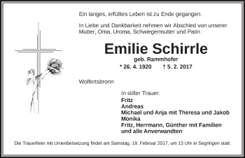 Traueranzeige von Emilie Schirrle von Dinkelsbühl/ Feuchtwangen