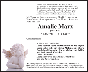 Traueranzeige von Amalie Marx von Dinkelsbühl/ Feuchtwangen