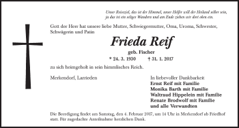 Traueranzeige von Frieda Reif von Ansbach