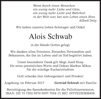 Traueranzeige von Alois Schwab von Dinkelsbühl/ Feuchtwangen