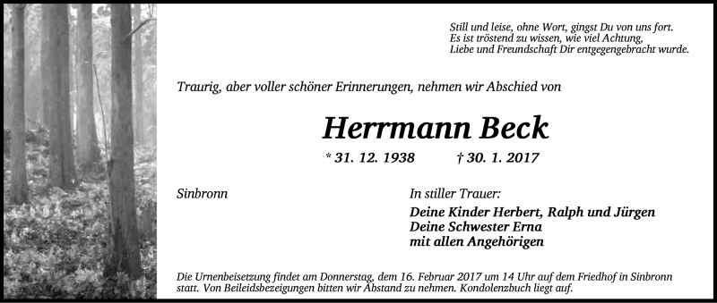  Traueranzeige für Herrmann Beck vom 13.02.2017 aus Dinkelsbühl/ Feuchtwangen