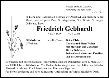 Traueranzeige von Friedrich Gebhardt von Neustadt/ Scheinfeld/ Uffenheim