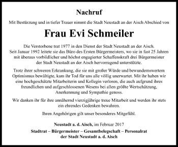 Traueranzeige von Evi Schmeiler von Neustadt/ Scheinfeld/ Uffenheim