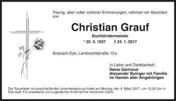 Traueranzeige von Christian Grauf von Ansbach