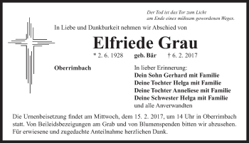 Traueranzeige von Elfriede Grau von Neustadt/ Scheinfeld/ Uffenheim