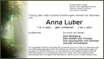 Traueranzeige von Anna Luber von Dinkelsbühl/ Feuchtwangen