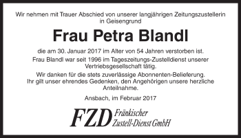 Traueranzeige von Petra Blandl von Ansbach