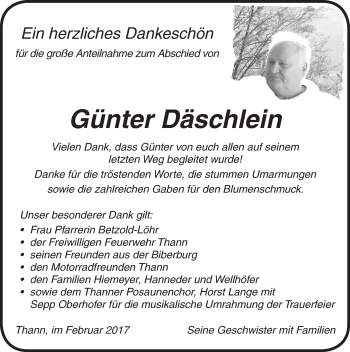 Traueranzeige von Günter Däschlein von Ansbach