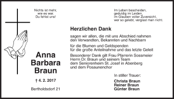 Traueranzeige von Anna Barbara Braun von Ansbach